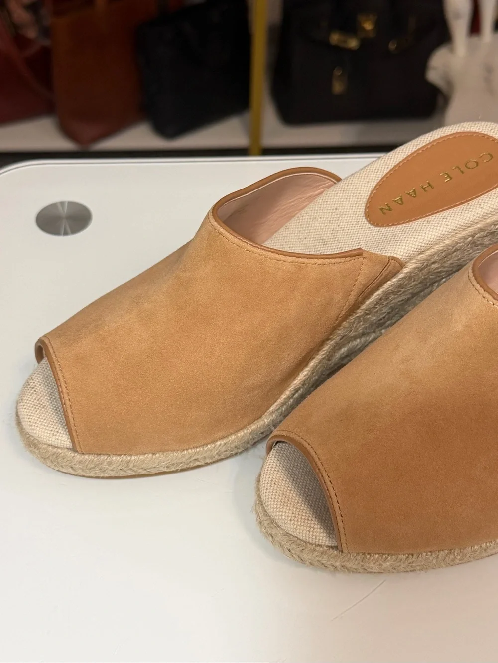 Cole Haan Cloudfeel Southcrest Espadrille Wedge Mule in tan suede sz7